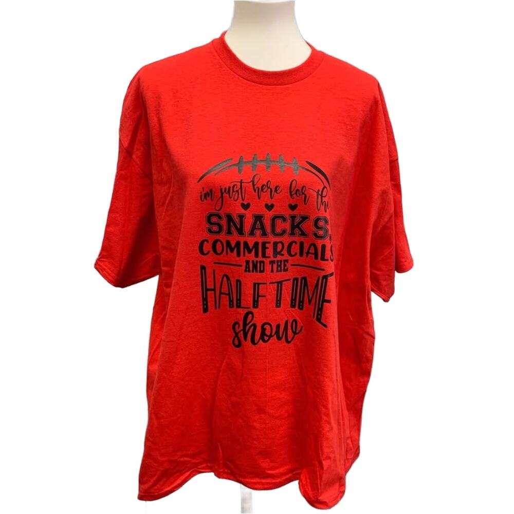 Hand Printed 2XL Superbowl Here for the Snacks Commercials Halftime Show Tee